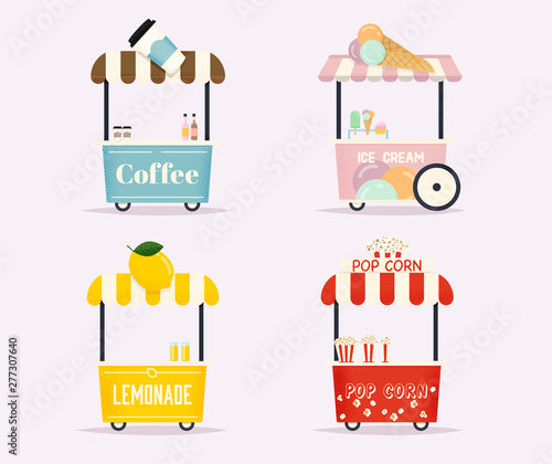 Street food cart. Urban landscape. Flat design modern vector illustration concept.
