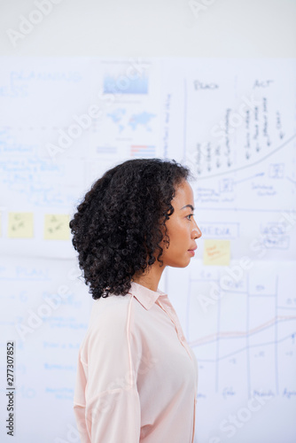 Side view of serious curly Vietnamese female entrepreneur stading at whiteboard with charts and reports