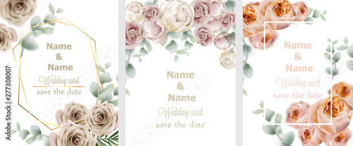 Wedding cards set with watercolor roses Vector. Vintage decor design frames, ...