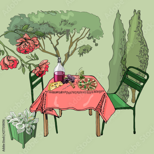 Scene with outdoor lunch. Hand drawn and colored cutout objects. Food, container  plants and furniture in sketch style.