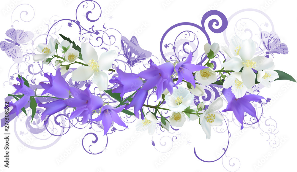 decoration with bluebell and jasmine flowers isolated on white decoration with bluebell and jasmine flowers isolated on white