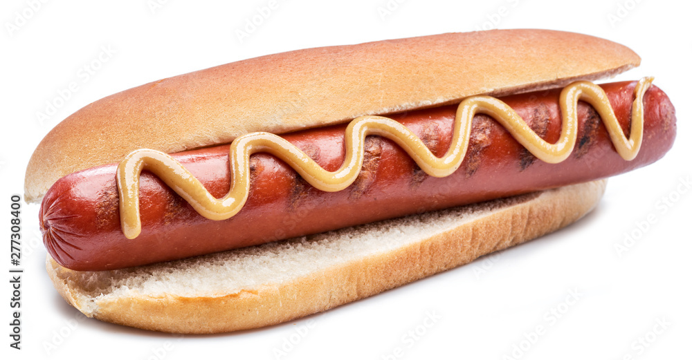 Hot dog - grilled sausage in a bun isolated on white background. Hot dog - grilled sausage in a bun isolated on white background.