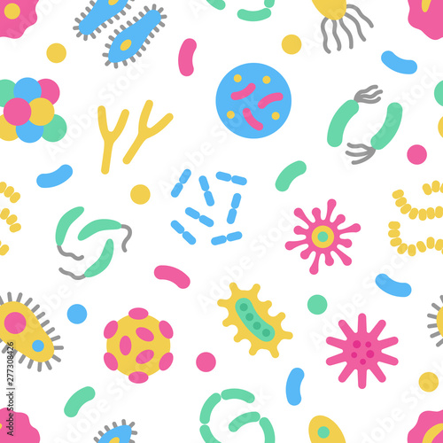 Bacteria, microbe, virus colorful vector seamless pattern. Microscopic bacterium and bacillus collection, isolated on white background