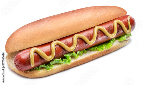 Принти на полотні Hot dog - grilled sausage in a bun with sauces isolated on white background