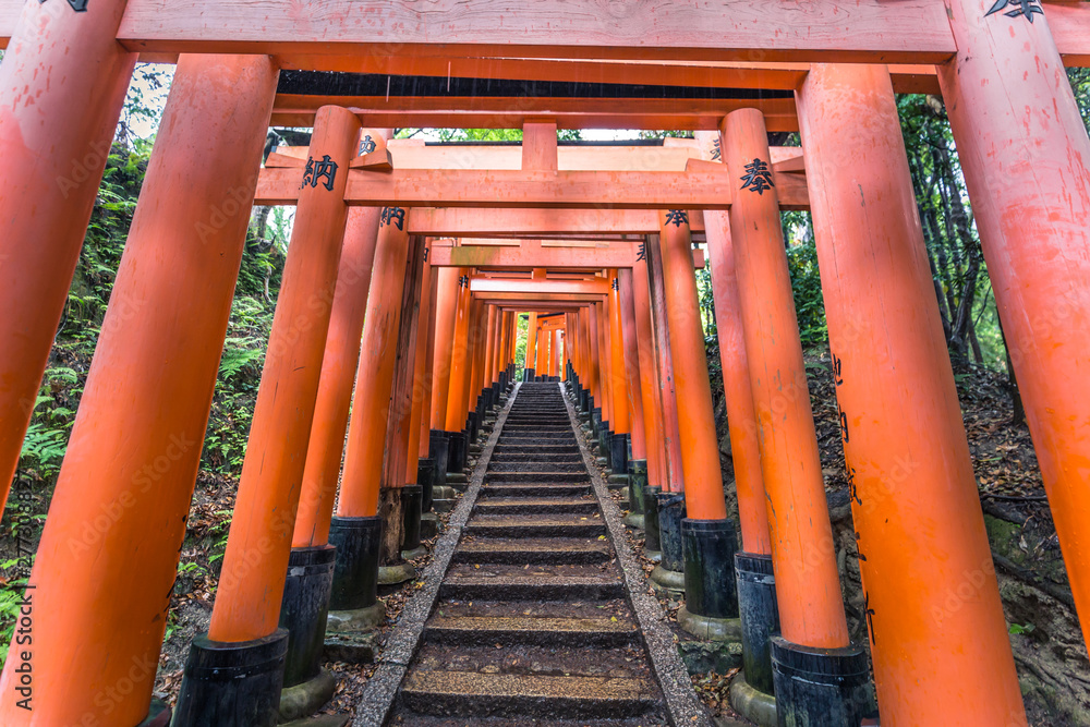 Kyoto - May 28, 2019: Torii gates of the Fushimi Inari Shinto shrine in Kyoto, Japan Kyoto - May 28, 2019: Torii gates of the Fushimi Inari Shinto shrine in Kyoto, Japan