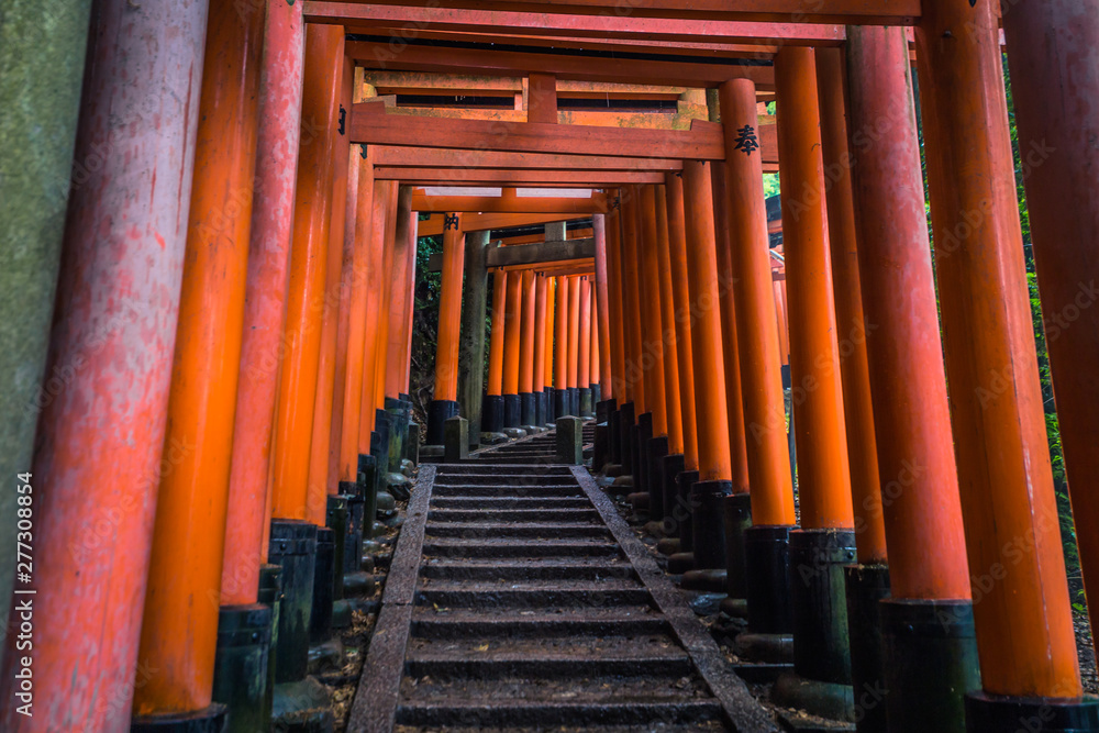 Kyoto - May 28, 2019: Torii gates of the Fushimi Inari Shinto shrine in Kyoto, Japan Kyoto - May 28, 2019: Torii gates of the Fushimi Inari Shinto shrine in Kyoto, Japan