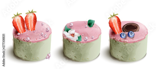 Berry cake Vector watercolor. Sweet desserts with strawberry and flowers
