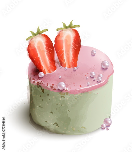 Berry cake Vector watercolor. Sweet desserts with strawberry and flowers