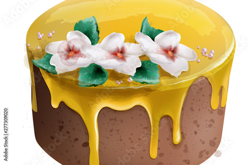 Yellow cake Vector watercolor. Special dessert chocolate mousse and honey fro...