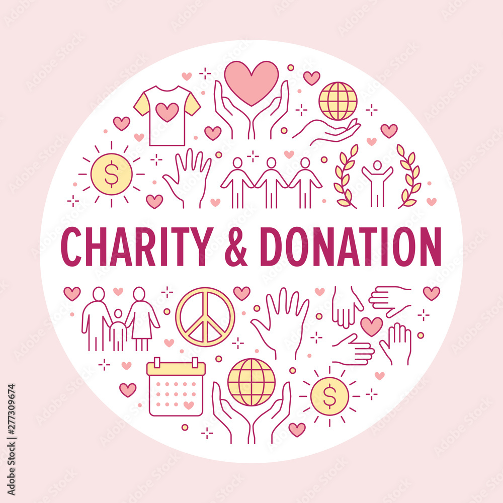 Charity vector circle banner with flat line icons. Donation, nonprofit organization, NGO, giving help illustration. Outline signs for donating money, volunteer community poster