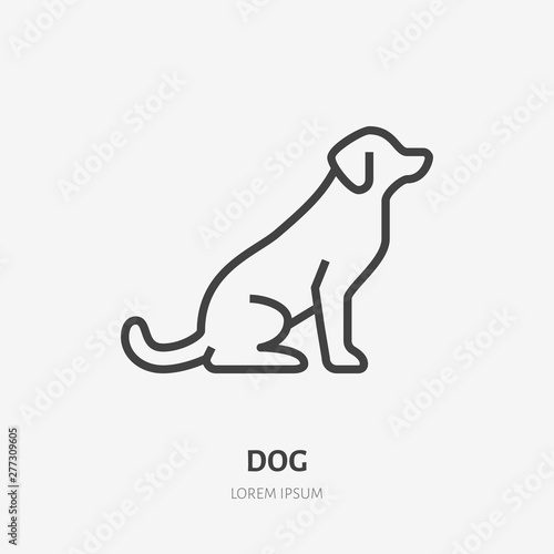 Sitting dog flat line icon. Vector thin sign of black puppy, animal logo. Pet shop outline illustration