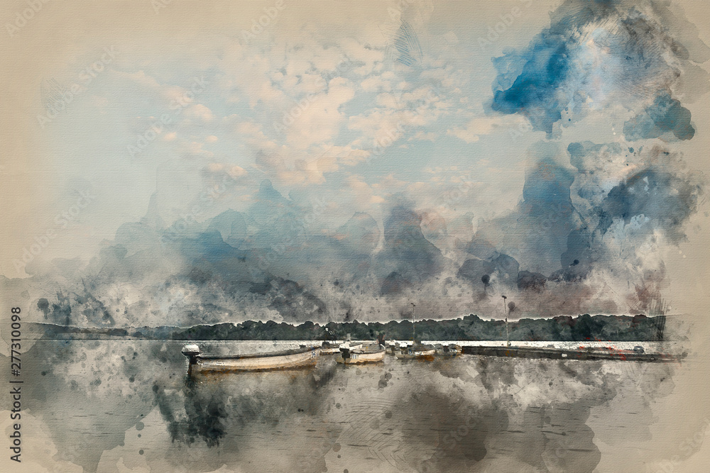 Digital watercolour painting of Summer susnet landscape image over reservoir with leisure boats on jetty.