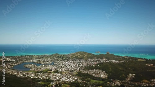 Panoramic Drone Shot revealing the cities of Kailua and Kaneohe and the eastern coastline of Oahu. photo