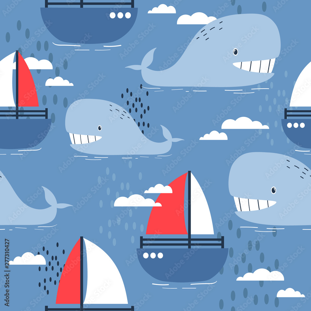 Happy whales and boats, hand drawn seamless pattern. Marine background vector. Colorful illustration, overlapping backdrop. Decorative cute wallpaper, good for printing Happy whales and boats, hand drawn seamless pattern. Marine background vector. Colorful illustration, overlapping backdrop. Decorative cute wallpaper, good for printing