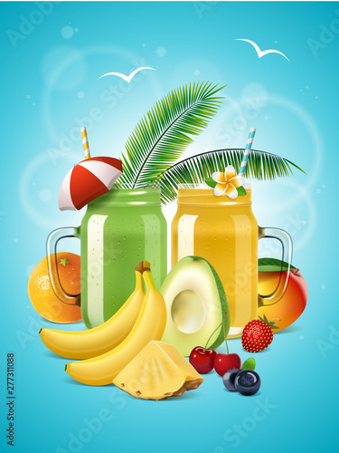 Vector realistic smoothie poster. Two mason jars with fruit shake or lemonade, avocado, banana, mango, orange, pineapple, strawberry, blueberry and cherry. Healthy cold drinks banner.