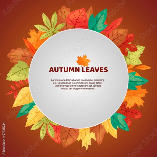 Autumn leaves poster vector illustration. Green, red, orange, brown and yellow falling leaves. Colorful maple, chestnut and oak foliage. October, november seasons. Natural design.