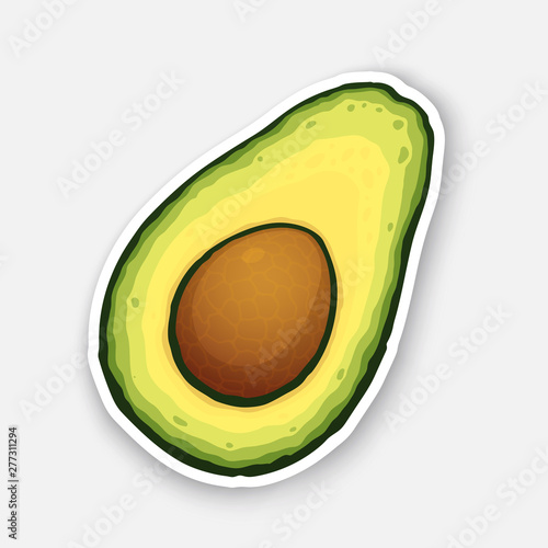 Vector illustration. Half avocado fruit with seed inside. Healthy vegetarian food. Ingredient for salad. Decoration for signboards, menus. Sticker with contour. Isolated on white background