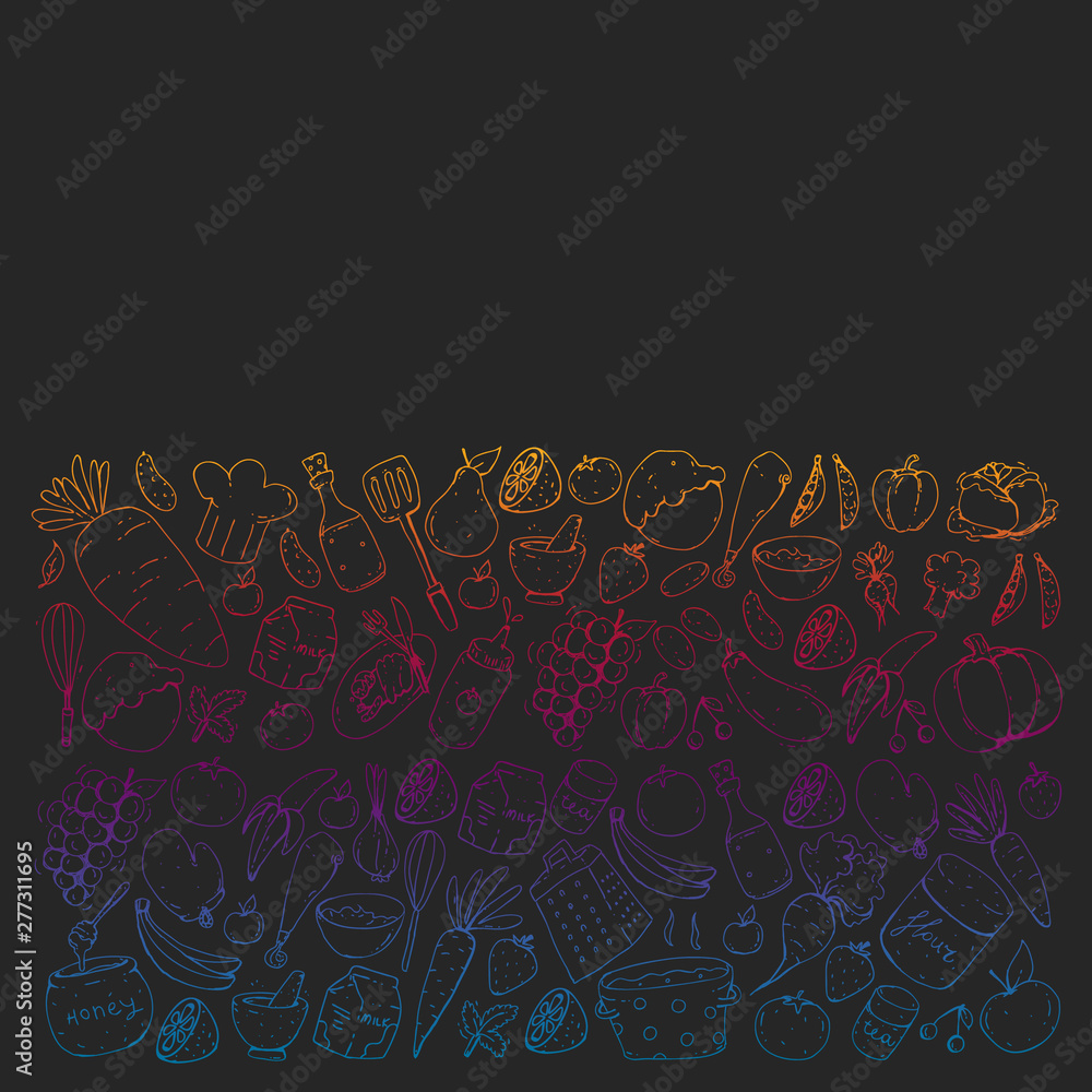 Healthy food and cooking. Fruits, vegetables, household. Doodle vector set. Healthy food and cooking. Fruits, vegetables, household. Doodle vector set.