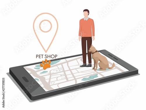 Man and dog go to the pet store, gps navigator on phohe, isolated on white