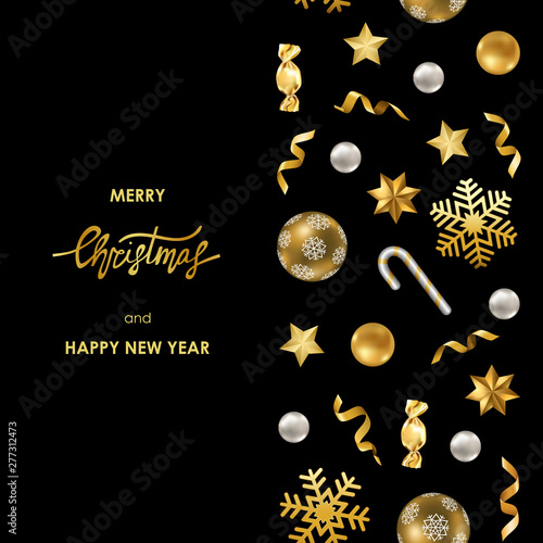 Merry Christmas and Happy New Year Greeting Card with Winter Holiday Objects