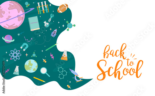 Back to school illustration with thoughts bubble with different education icons and space with planets. Editable vector illustration