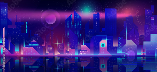 Night city in neon lights. Futuristic cityscape at waterfront background with glowing illumination. Modern town buildings exterior architecture in blue and purple colors. Cartoon vector illustration
