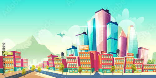 Modern metropolis growth cartoon vector concept. City street with old buildings and modern, futuristic architecture skyscrapers rising to sky, airplane flying in clouds, high mountain illustration