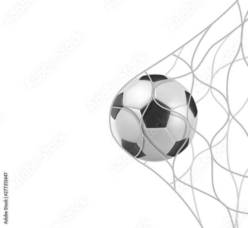 Soccer or football ball in goal net isolated on white background, sports accessory, equipment for playing game, championship or competition, design element. Realistic 3d vector illustration, clip art