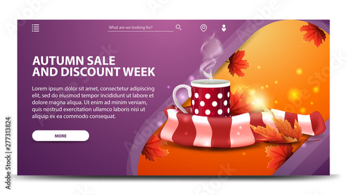 Wallpaper Mural Autumn sale and discount week, modern purple web banner for your website with mug of hot tea and warm scarf Torontodigital.ca