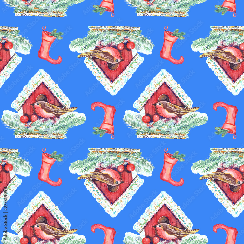 Seamless pattern with red bird box, color socks. Isolated elements on a blue background .Hand painted in watercolor. Seamless pattern with red bird box, color socks. Isolated elements on a blue background .Hand painted in watercolor.