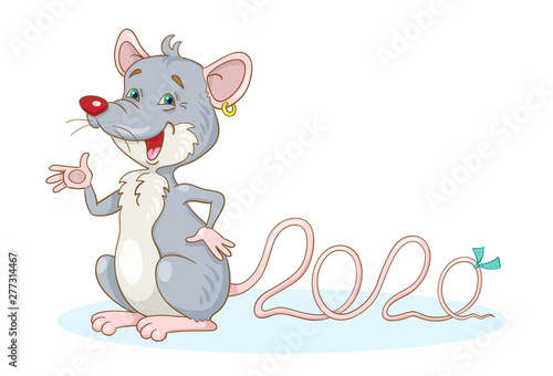 Funny rat symbol of New Year. In cartoon style. Isolated on white background.