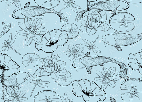 seamless pattern with carps, lotuses and dragonflies. line art