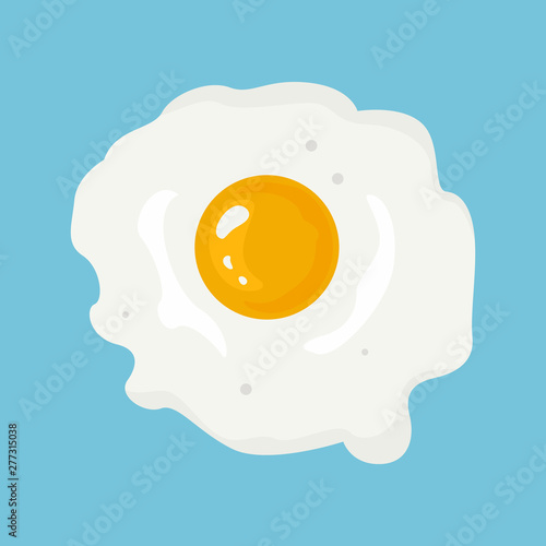 Fried egg isolated on blue background. Vector food illustration in cartoon simple flat style.