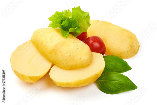 Boiled potato pieces, close-up, isolated on white background