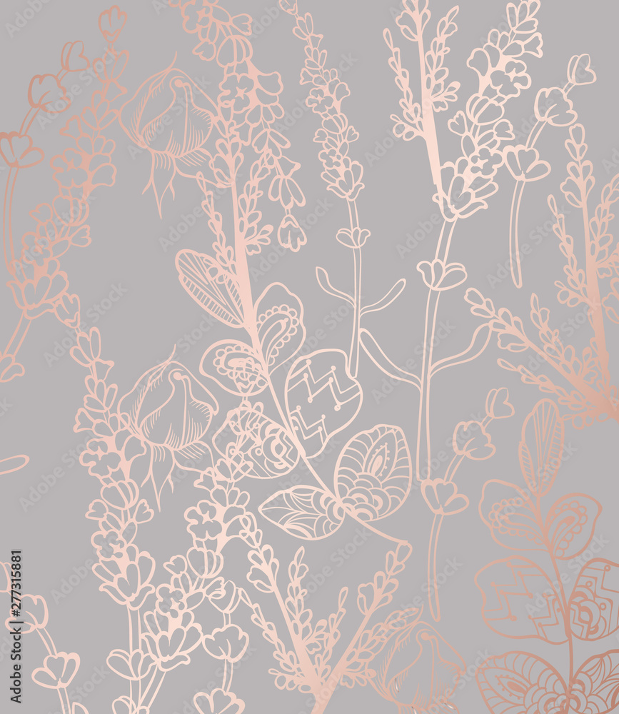 Vintage boho pattern flowers Vector line art. Golden glossy structure. Hand made designs