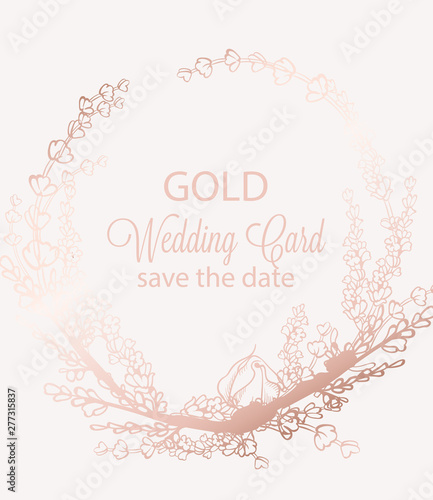 Vintage boho flowers wreath decor Vector line art. Golden glossy structure. H...