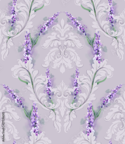 Damask ornament and lavender Vector pattern. Delicate floral decor watercolor...