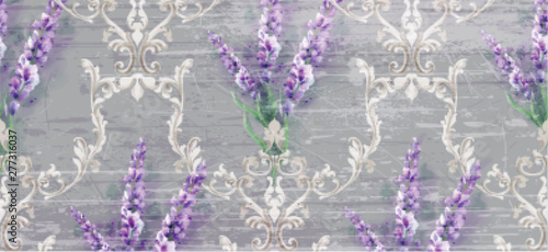 Damask ornament and lavender Vector pattern. Delicate floral decor watercolor. Spring summer texture banner templates