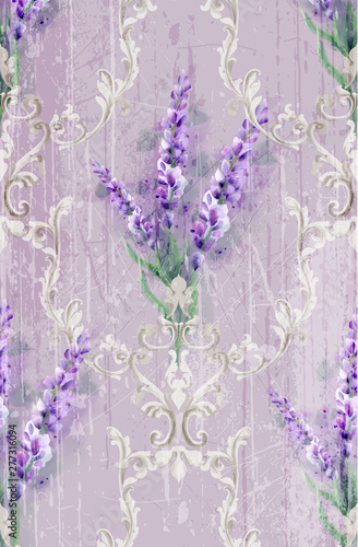 Damask ornament and lavender Vector pattern. Delicate floral decor watercolor...