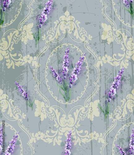 Damask ornament and lavender Vector pattern. Delicate floral decor watercolor...