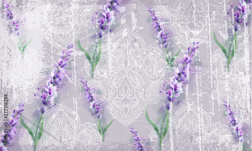 Damask ornament and lavender Vector pattern. Delicate floral decor watercolor...