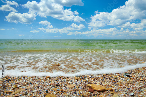 sea beach, wave and sand - beautiful summer landscape and travel concept, bright day and sky with clouds
