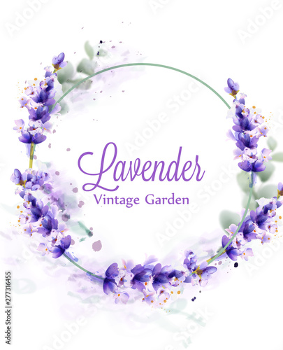 Lavender watercolor wreath Vector. Delicate floral bouquet frame. Spring summ...