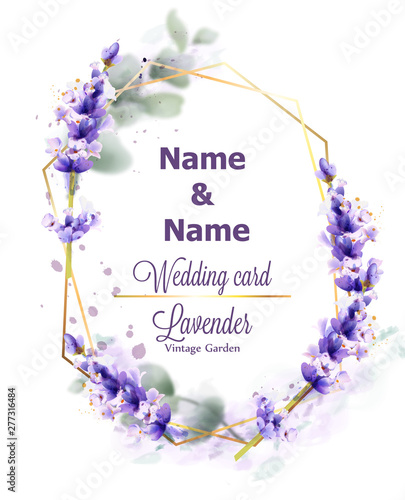 Wedding card Lavender wreath Vector watercolor. Delicate floral bouquet frame...
