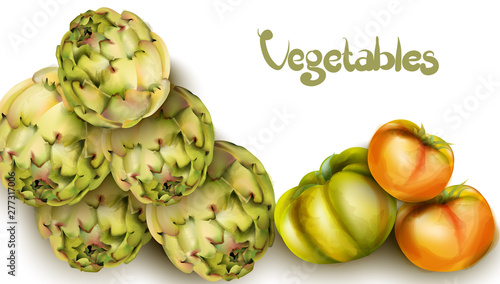Artichokes and green tomatoes Vector watercolor. Grocery harvest fresh organi...