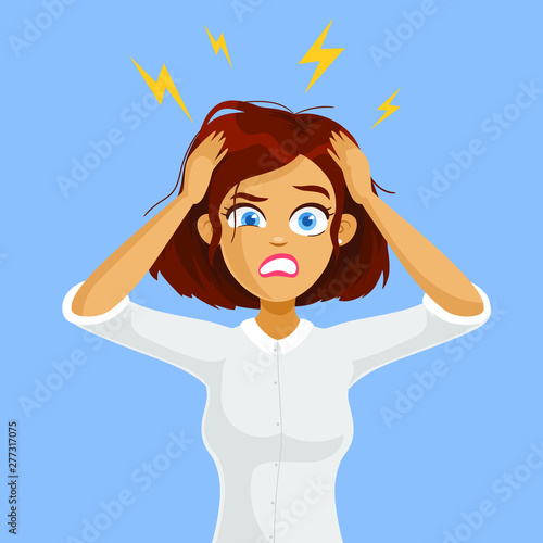Stressed cartoon business woman in Office Work Place. Stress at work.