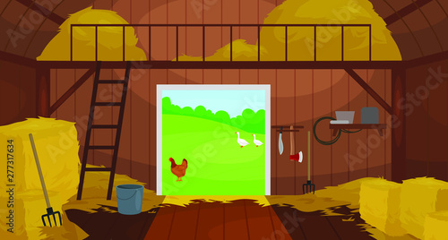 Vector illustration of  Inside Old wooden barn with haystacks. Tools for shed