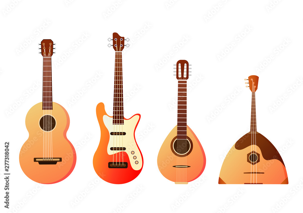 Obraz premium Set of stringed musical instruments. Collection of balalaika, harp, double bass, violin, guitar. Design layout for banners presentations, flyers, posters and invitations. Vector illustration