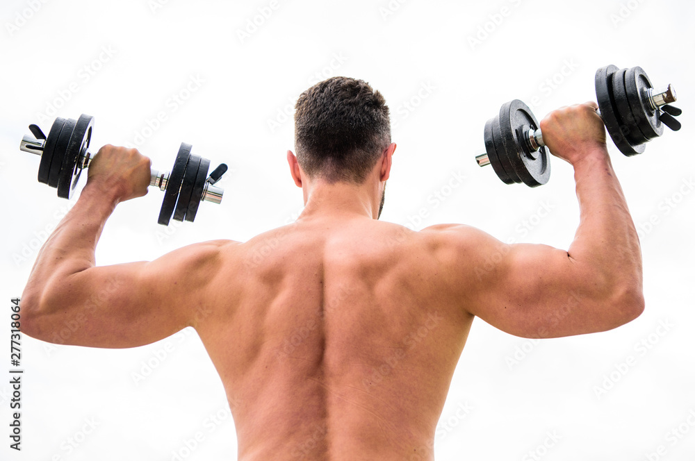 Actions speak louder than coaches. Dumbbell exercise gym. Muscular man exercising with dumbbell rear view. Sportsman with strong back and arms. Sport equipment. Bodybuilding sport. Sport lifestyle