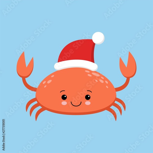 Crab cartoon character. A Cute crab wearing Santa Claus hat standing for Merry Christmas and Happy New Year invitation card.